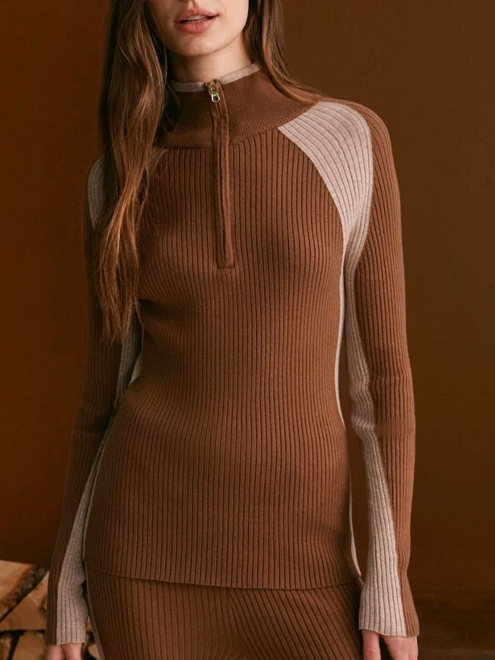 VARLEY Chic Abstract Ribbed Half Zip Knit Top in Saddle Brown Sz M $130!!